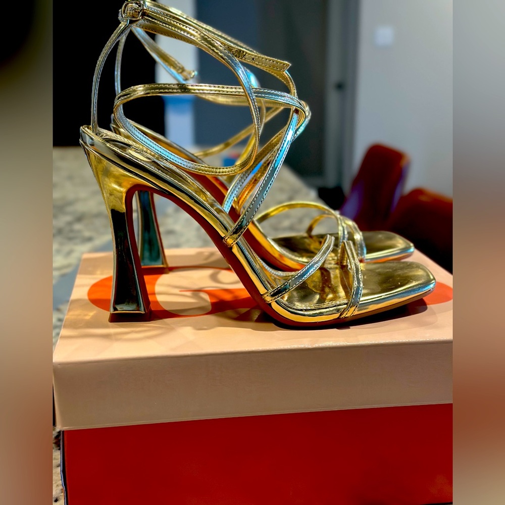 GB Golden Hour Strappy Heel in color Sand Gold!! Perfect holiday shoe 🥹
